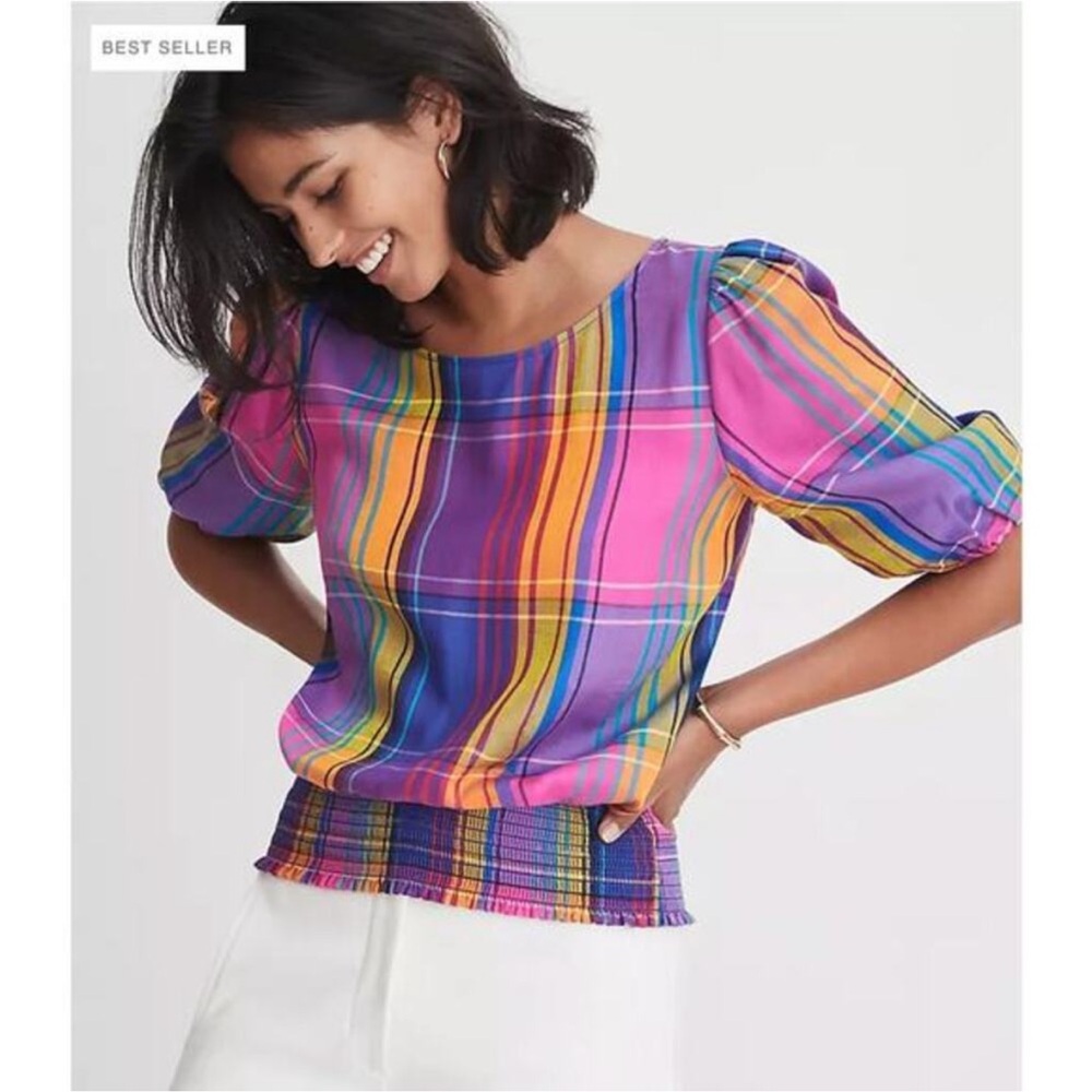 Ann Taylor | Madras Plaid Smocked Hem Short Sleeve Blouse Top Sz XS EUC